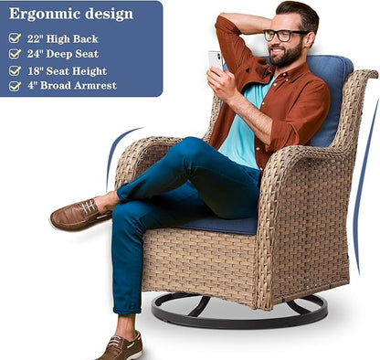 Belord Wicker Outdoor Furniture Patio Furniture Set - 6 Piece Patio Conversation Set with Swivel Rocker Chairs, Rattan Sofa, Ottomans and Coffee Table, Blue Cushion