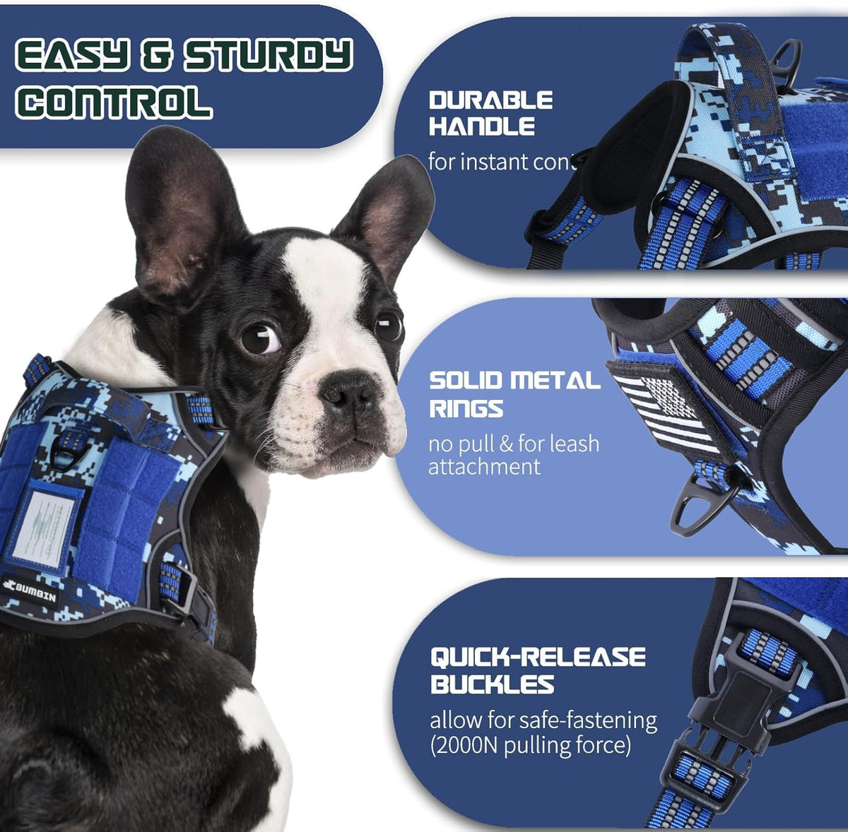BUMBIN Tactical Dog Harness for Small Dogs No Pull, Famous TIK Tok No Pull Puppy Harness, Fit Smart Reflective Pet Walking Harness for Training, Adjustable Dog Vest Harness with Handle Blue Camo XS