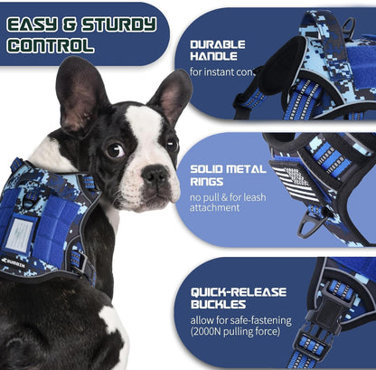 BUMBIN Tactical Dog Harness for Small Dogs No Pull, Famous TIK Tok No Pull Puppy Harness, Fit Smart Reflective Pet Walking Harness for Training, Adjustable Dog Vest Harness with Handle Blue Camo XS