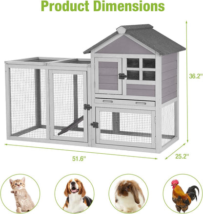 GUTINNEEN Rabbit Hutch Indoor Chicken Coop Outdoor, 51.6''L 2 Story Bunny Cage Weatherproof, Guinea Pig House with Run (Grey)