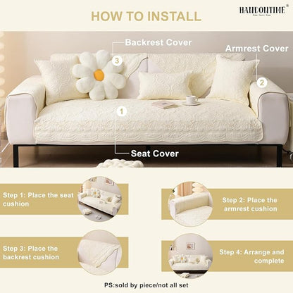 HANDONTIME Cotton Couch Cover for Dogs Breathable & Pet-Friendly Sofa Cover, Embroidery Dog Couch Cover Elegant Floral Quilted Slipcover, Non-Slip Washable Furniture Protector (Ivory, 35.4" x 94.5")