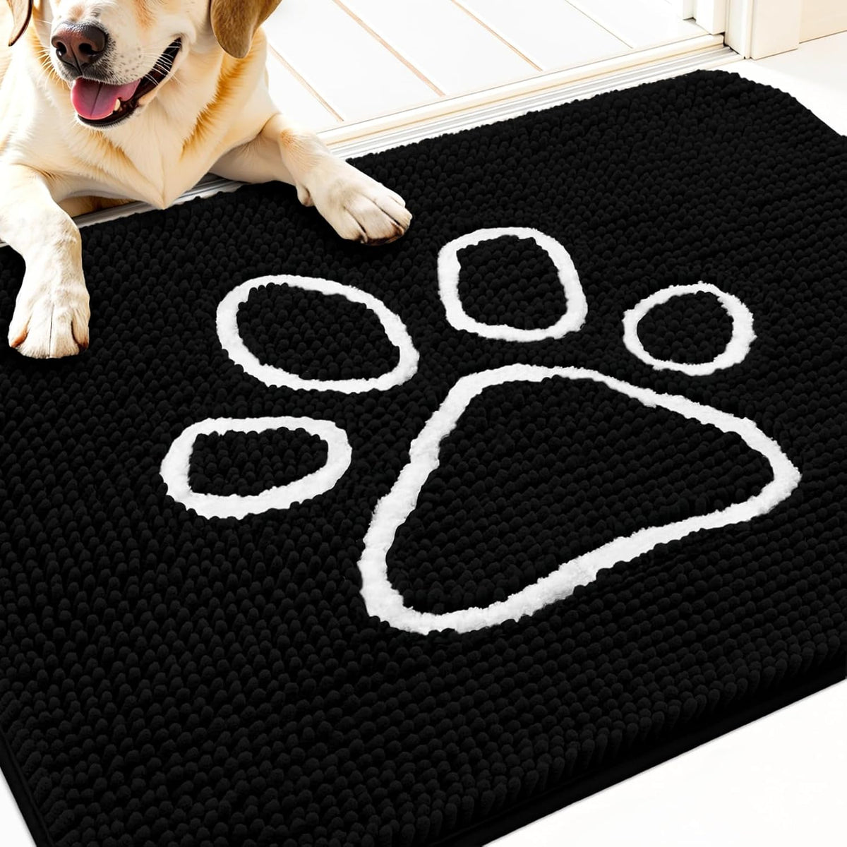 OLANLY Door Mat for Muddy Dog Paws 30x20, Ultra Absorbent Chenille Mud Doormat with Paw Print Design, Non-Slip Washable Doormat for Indoor Entryway, Quick-Dry Pet Bed Mats for Dirty Dogs, Black