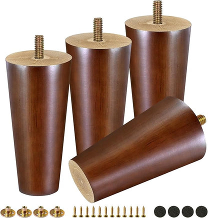 FoDau770 Brown Rubber Wood Furniture Legs 5 Inches, Straight Tapered Wood Feet Mid Century Sofa Legs Set of 4, 5/16" UNC Furniture Feet Replacement Parts for Cabinet Couch Dresser Chair Ottoman Table