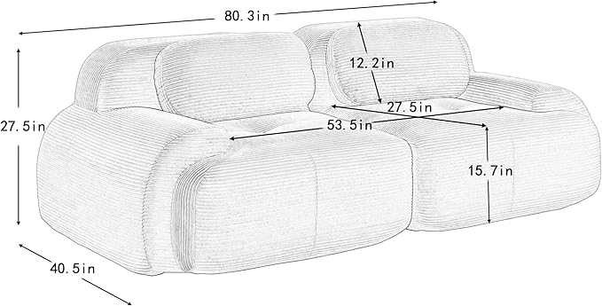 80" Modern Compressed Boneless Love Seat Couches, 2 Seater Large Sectional Couches for Living Room, Green Corduroy Cloud Modular Sectional Sofa, Memory Foam, Extra Deep Loveseat, No Assembly