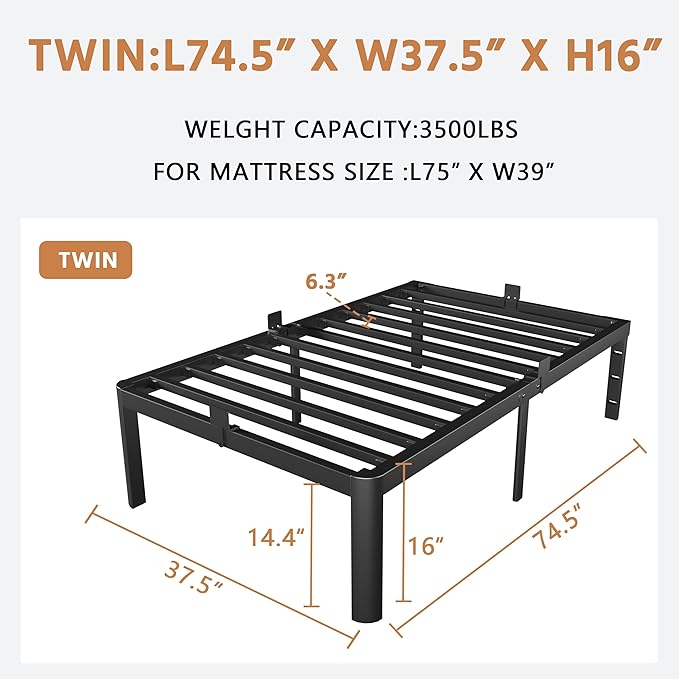 Black Bed Frame Twin Size 16 Inch, Metal Twin Bed Frame No Box Spring Needed, DIY Headboard Holes, Heavy Duty Steel Support 3500 LBS, Noiseless, Round Corner Legs, Storage Space, Easy Assembly