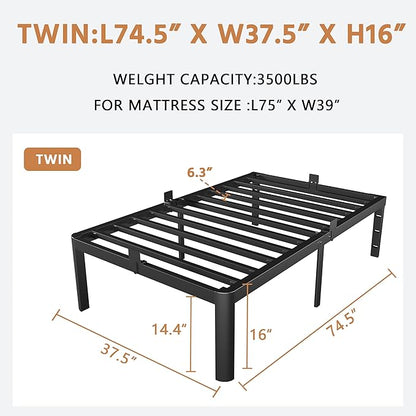 Black Bed Frame Twin Size 16 Inch, Metal Twin Bed Frame No Box Spring Needed, DIY Headboard Holes, Heavy Duty Steel Support 3500 LBS, Noiseless, Round Corner Legs, Storage Space, Easy Assembly