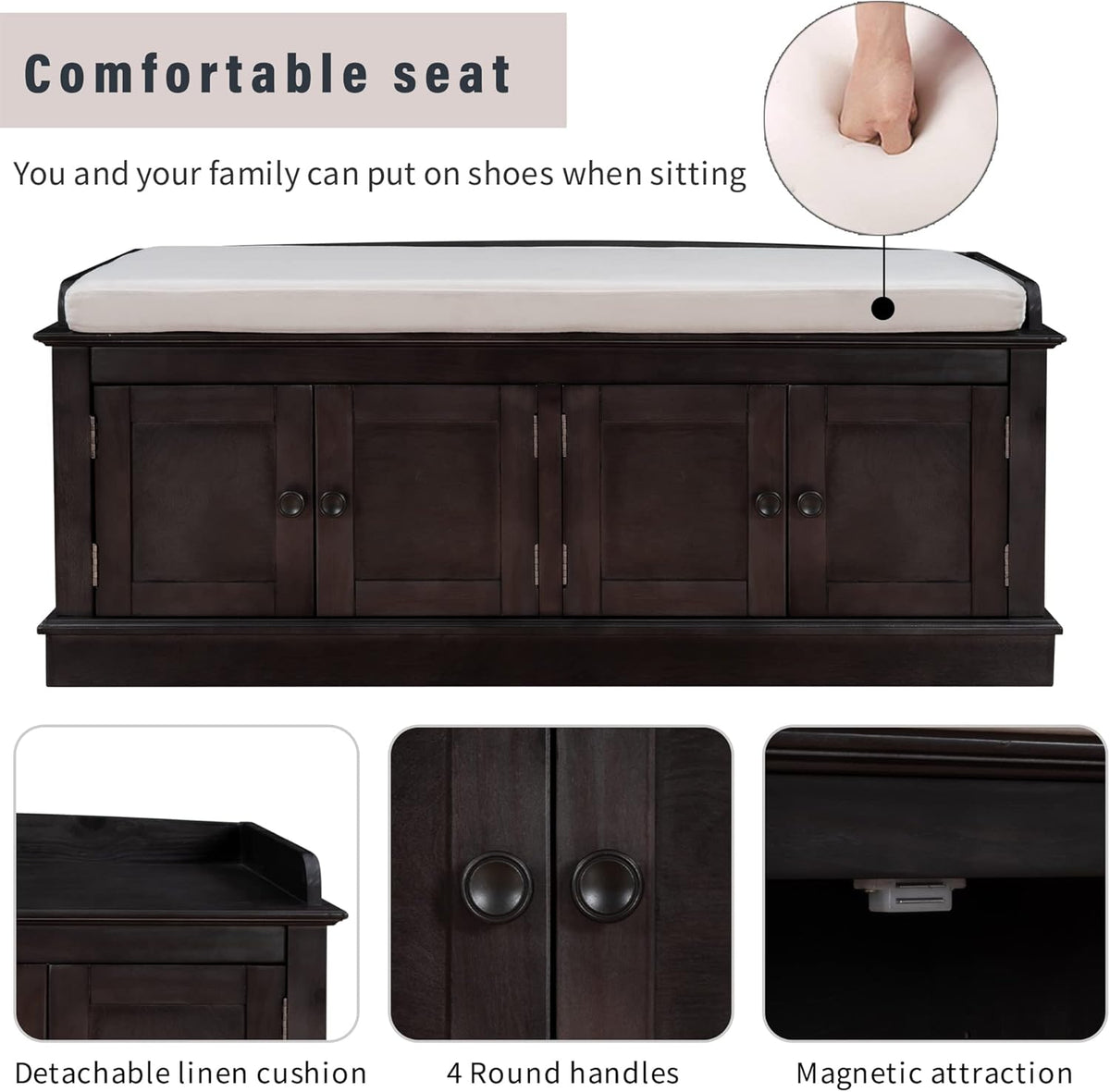 Shoe Storage Bench with 4 Doors and Adjustable Shelves, Shoe Bench with Removable Cushion for Living Room Entryway 42.7" L * 16" W * 17.4" H Espresso