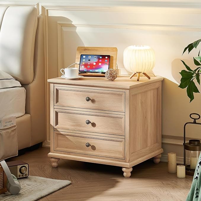 24" Wide Farmhouse Nightstand with Charging Station Set of 2, 37" Tall Rustic Chests of Drawers w/ 4 Solid Wood Feet, Farmhouse Furniture Series for Living Room,Bedroom,Wood