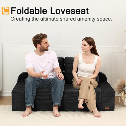 COMAX Convertible Sofa Bed Queen, Folding Floor Couch Corduroy Fold Out Couch Bed Sleeper Mattress with Back Pillows, Boneless Pull Out Loveseat Comfy Futon Lounge for Living Room Bedroom, Black