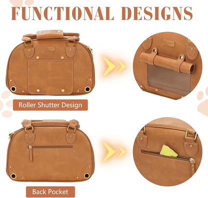 Dog Carrier Purse, Pet Carrier, Foldable Waterproof Premium PU Leather Pet Travel Portable Bag Carrier for Cat and Small Dog Home & Outdoor Small Brown