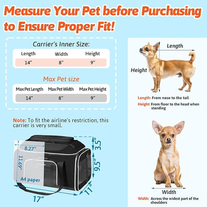Top-Expandable Small Pet Carrier with Wheels Airline Approved | 17"x11"x9.5", for Alaska Airlines, Lockable Safety Zippers and Anti-Scratch Mesh, Pets Under 10 Lbs, Black