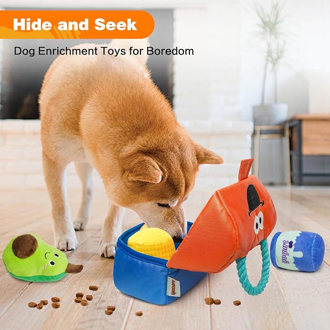 Hide and Seek Dog Toys, Squeaky Interactive Puzzle Dog Toys for Boredom and Stimulation, Dog Enrichment Toys with Rope for Small and Medium Dogs - Lunch Box
