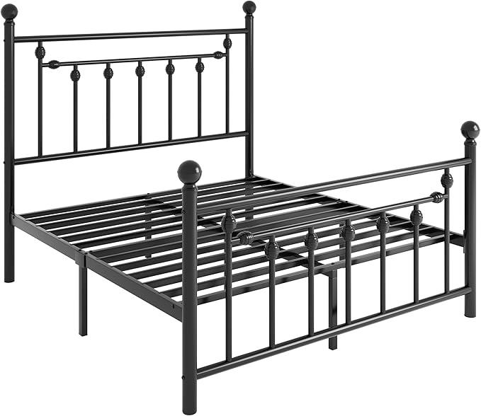 SHA CERLIN 14'' Queen Size Metal Platform Bed Frame/Victorian Headboard and Footboard/Steel Slats Mattress Foundation for Storage/No Box Spring Needed/Noise Free/Black
