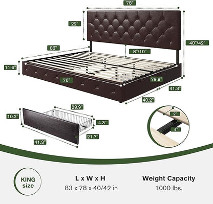 MUTICOR King Size Bed Frame with 4 Storage Drawers, Upholstered Platform Bed with Button Tufted Adjustable Headboard, No Box Spring Needed, Easy Assembly, Diamond Tufted, Brown Leather