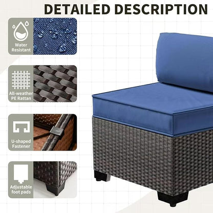 Gotland 8 Pieces Patio Furniture Set with Fire Pit Table, All Weather Rattan Outdoor Furniture with 29.5'' High Backrest 4’’ Thick Cushions Coffee Table, Outdoor Sectional for Porch, Deck, Navy