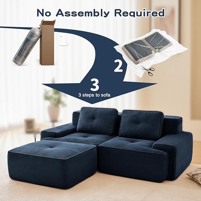 80" Modern Corduroy Boneless Love Seat Couches with 1 Ottoman, 2 Seater Large Sectional Couches for Living Room, Blue Cloud Modular Sectional Sofa, Memory Foam, Extra Deep Loveseat, No Assembly