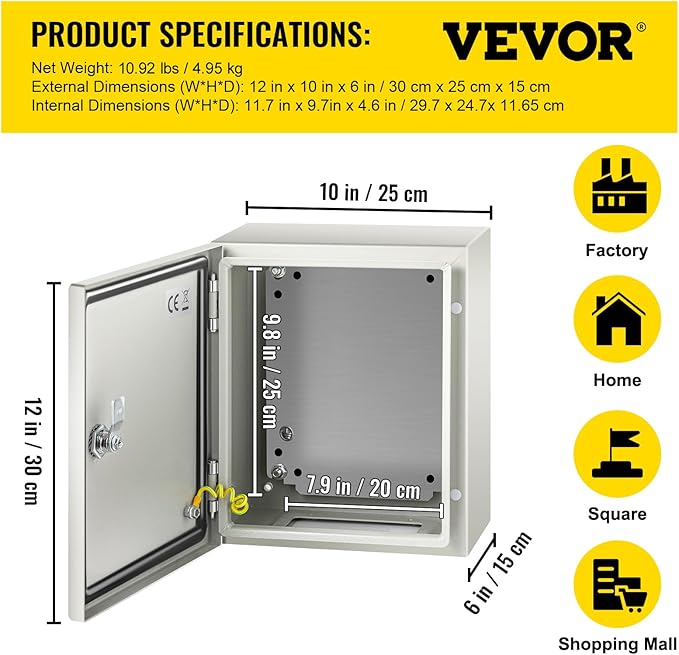 VEVOR NEMA Steel Enclosure, IP66 Waterproof & Dustproof, Outdoor/Indoor