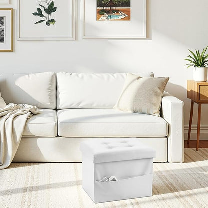 AmasSmile Storage Ottoman Folding Foot Rest Stool with Side Pocket, 17 inch Leather Footstool Bench, Short Ottoman Bench, Storage Foot Rest Store, Blanket Chest, White