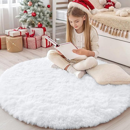 OLANLY White Round Rugs for Bedroom - Machine Washable, 4 ft Circle Area Rugs for Living Room, Soft and Fluffy Shaggy Carpet for Teen Girls and Boys, Nursery Rooms, Dorms, Home Decor Aesthetic
