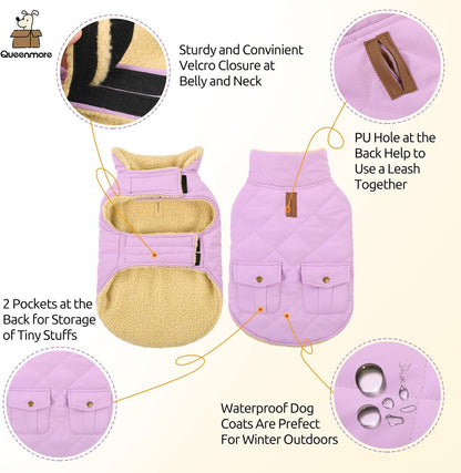 Queenmore Warm Dog Coat, Cold Weather Puffer Dog Coat Vest, Quilting Winter Pet Jacket Ultra Thick Plush Fleece Lining Pet Clothes for Dogs with Storage Pockets (Lilac,X-Large)