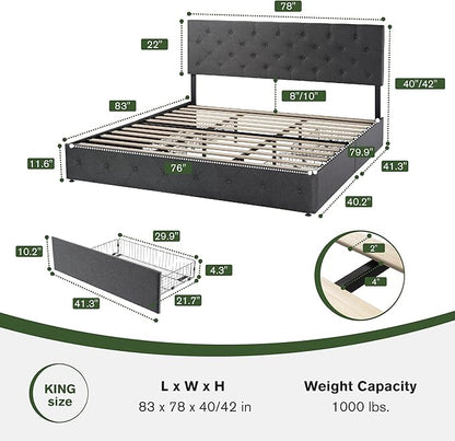 MUTICOR King Size Bed Frame with 4 Storage Drawers, Upholstered Platform Bed with Button Tufted Adjustable Headboard, No Box Spring Needed, Easy Assembly, Diamond Tufted, Dark Grey Fabric