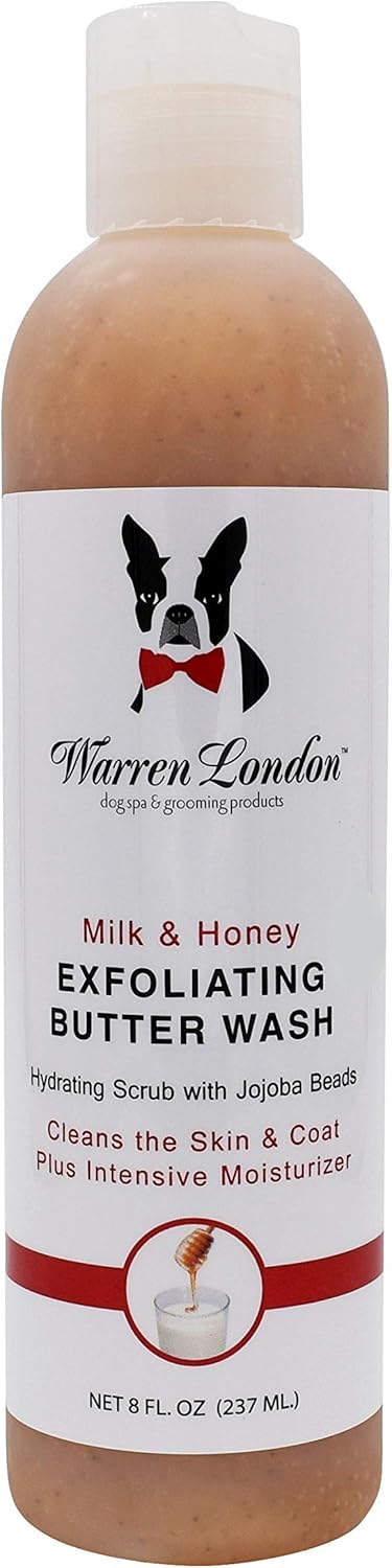 Warren London Exfoliating Butter Wash – Milk & Honey Dog Shampoo, 8 oz | Cleans, Exfoliates & Deep-Conditions in One | Jojoba Beads Remove Dandruff & Itch | Non-Oily Shine | Made in USA