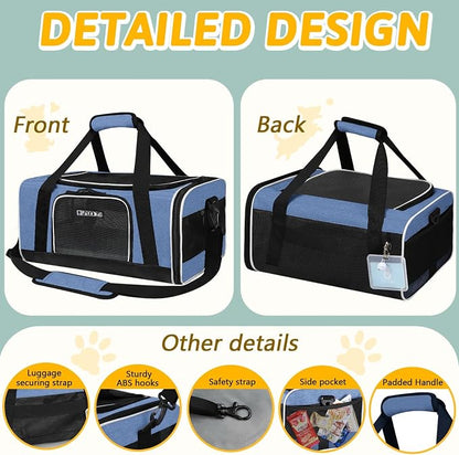 Small Pet Carrier 17" L x 11" W x 9.5" H Airline Approved, Blue | for Alaska Airlines, Lockable Safety Zippers and Anti-Scratch Mesh, Pets Under 10 lbs