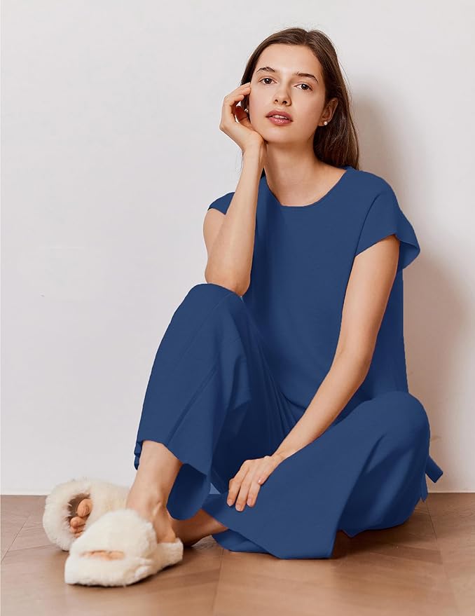 Ekouaer Lounge Sets for Women Two Piece Outfits Knit Cap Sleeve Tops Wide Leg Pleated Pants Casual Dressy Sweater Sets