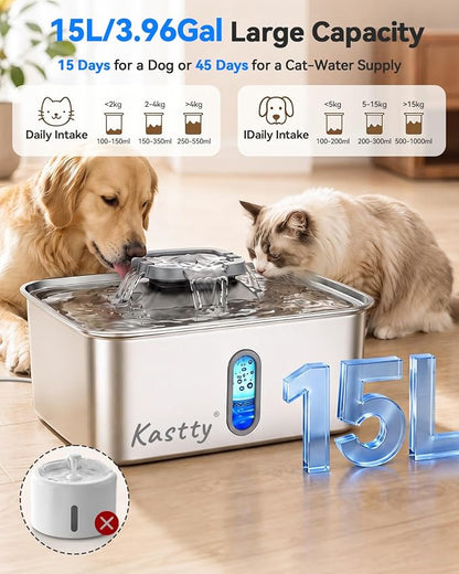 Kastty 4Gal/15L Stainless Steel Dog Water Fountain for Large Multi-Pet | Large Capacity Pet Water Fountain with Water Level LED Light, Ultra Quiet Dog Water Bowl Dispenser, Easy to Clean (FS78,Grey)