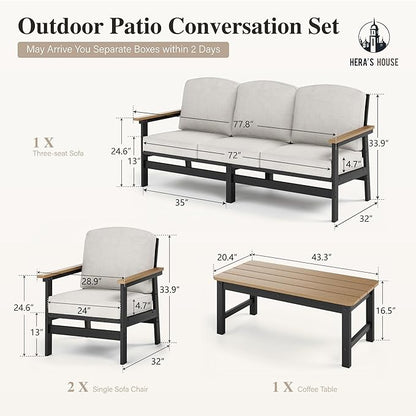HERA'S HOUSE HDPE Patio Furniture Set, 4-Piece Outdoor Wicker Conversation Couch Set with Thick Cushion, All-Weather Patio Sofa Set for Backyard Garden Deck, Wood Grain Coffee Table