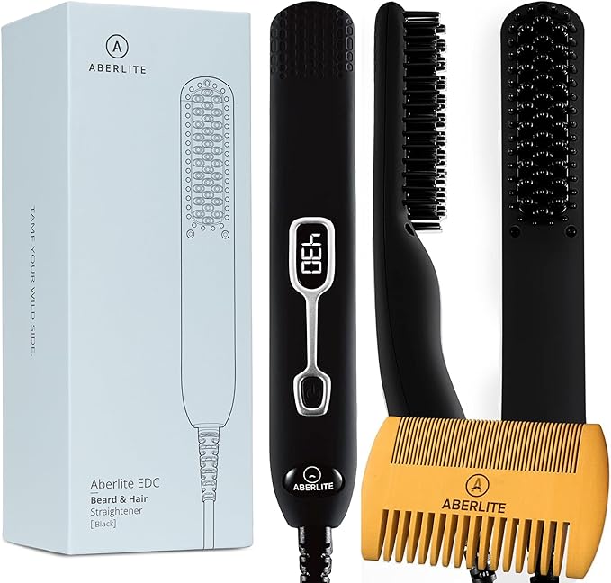 Aberlite EDC - Men's Professional Heated Beard Straightening Brush and Grooming Tool (for 0.5 inch plus Beards) (Black)