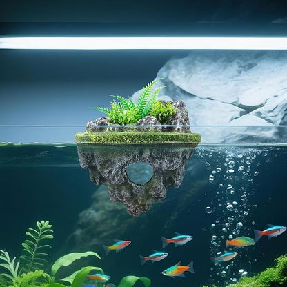 Floating Island Fish Tank Decorations – Aquarium Decor with Hideout Tunnel, Betta Fish and Shrimp Cave, PVC Aquarium Accessory with Artificial Plants