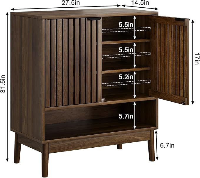 Shoe Cabinet with Slatted Doors, 4 Tier Freestanding Shoe Cabinet Storage