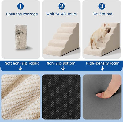 Dog Stairs for High Beds 22.4" H,5-Step Pet Ramp for Small & Medium Dogs | Airpanda Dog Steps with Washable Cover & High-Density Foam,Gentle Curved Design,Ideal for Senior & Short-Legged Dogs,Beige