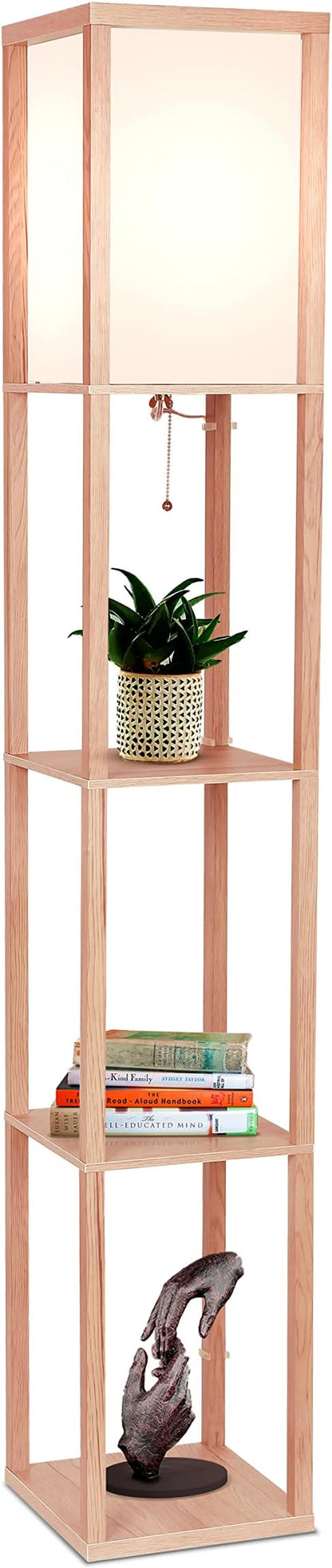 Brightech Maxwell - Modern Shelf Floor Lamp with Lamp Shade and LED Bulb - Corner Display Floor Lamps with Shelves for Living Room, Bedroom and Office - Natural Wood