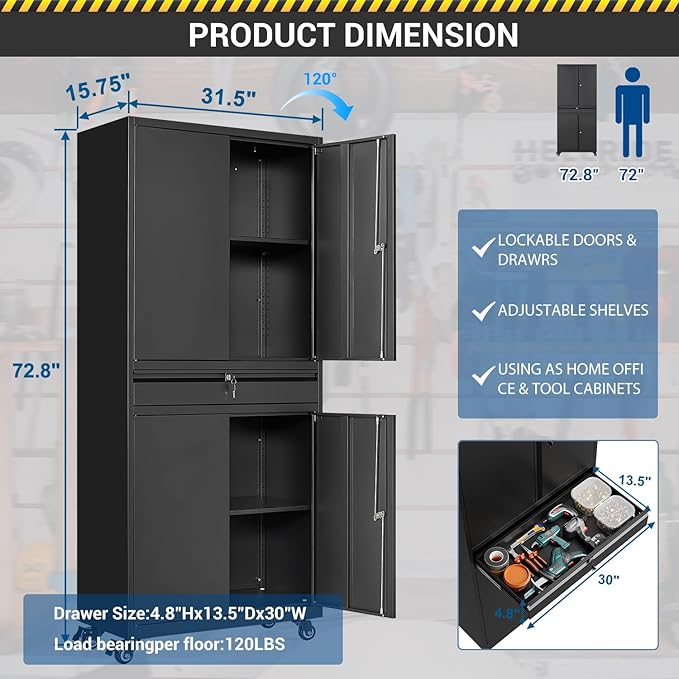 73" Metal Cabinet-Black Heavy Duty Rolling Storage Cabinet Steel Tool Cabinets