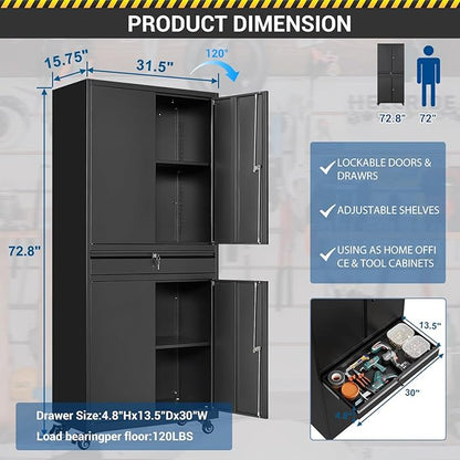 73" Metal Cabinet-Black Heavy Duty Rolling Storage Cabinet Steel Tool Cabinets