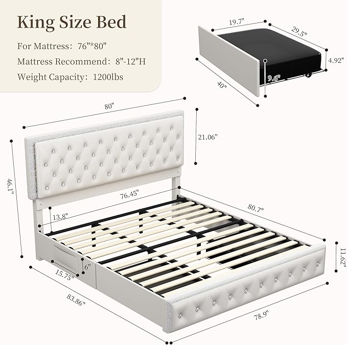 King Led Bed Frame with 2 Drawers, Modern Heavy Duty Upholstered Platform King Size Bed Frames with Crystal Button Tufted Headboard, Solid Slats, Noise Free, No Box Spring Needed, PU White