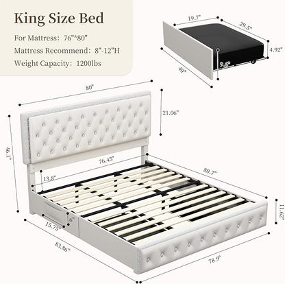 King Led Bed Frame with 2 Drawers, Modern Heavy Duty Upholstered Platform King Size Bed Frames with Crystal Button Tufted Headboard, Solid Slats, Noise Free, No Box Spring Needed, PU White