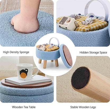 Wimarsbon Storage Ottoman, Modern Round Footrest with Soft Padded Seat, Teddy Velvet Footstool with Wood Legs, Accent Small Table or Plant Stand for Hallway, Living Room (Blue)