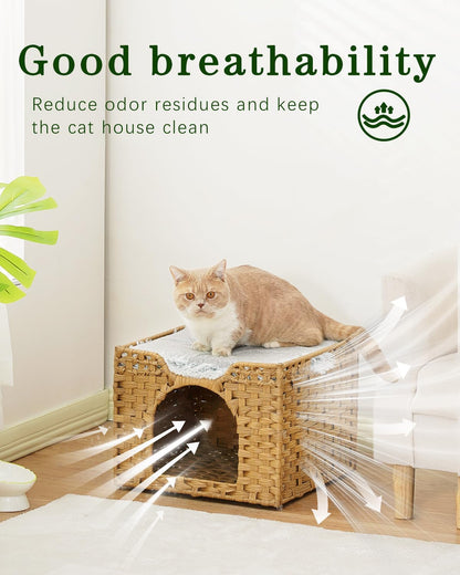 Cat Beds Indoor Kitten House, Handwoven Rattan Cat Cave Pet Cube, Large Cat Houses, One Bed Mat, Foldable, Hideaway, 16.5x16.5x13.2 Inches, 2 S-Shaped Hooks in Living Room Bedroom Natural