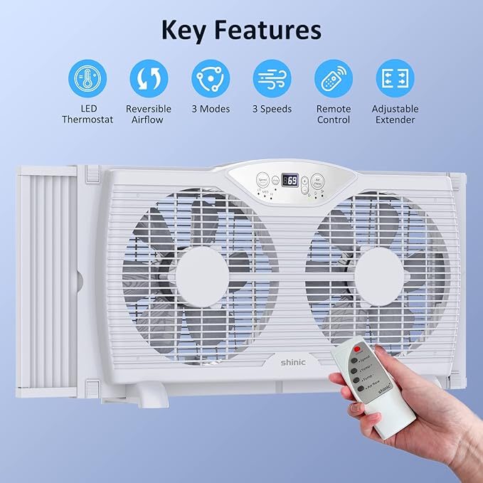 shinic Twin Window Fan with Reversible Airflow, Thermostat Controlled, 3 Speeds