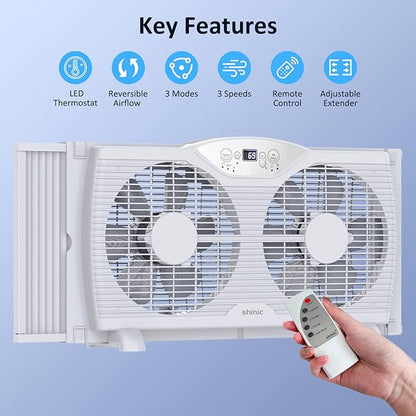 shinic Twin Window Fan with Reversible Airflow, Thermostat Controlled, 3 Speeds