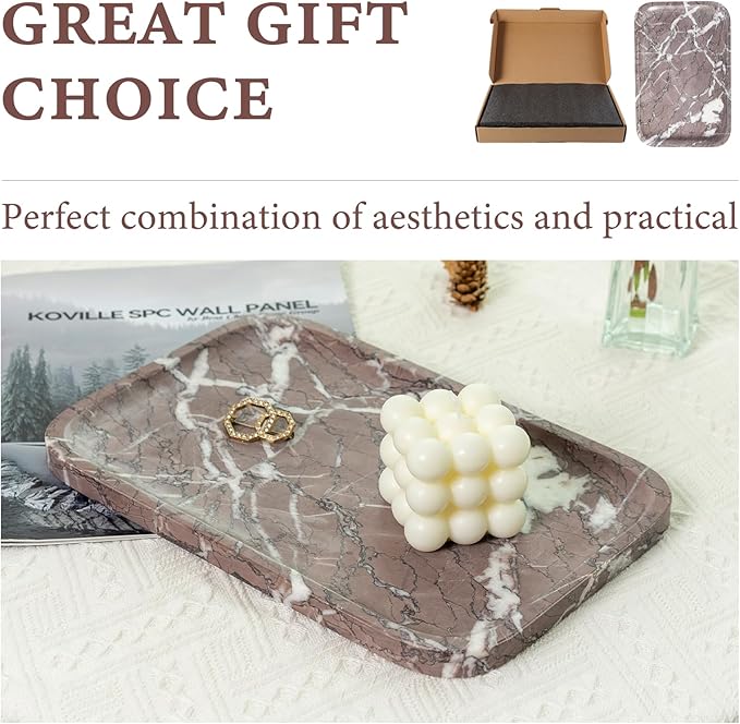 Koville Marble Tray, 12"x8" Marble Vanity Tray for Bathroom Kitchen Countertop, Rectangular Stone Tray for Cosmetics Perfume Trinket, Decorative Catchall Trays (Lilac)
