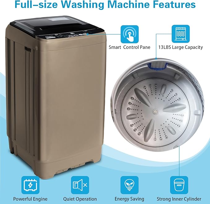 Anukis Fully Automatic Washing Machine, 13 lbs Capacity Compact Laundry Washer