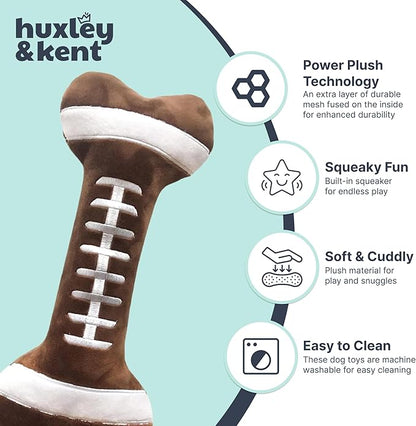 Huxley & Kent Funny Dog Toy w/Squeaker – Power Plush Squeaky Dog Toys for Small, Medium & Large Dogs – Soft Stuffed Animal for Indoor Play & Fetch - Football Bone, Small