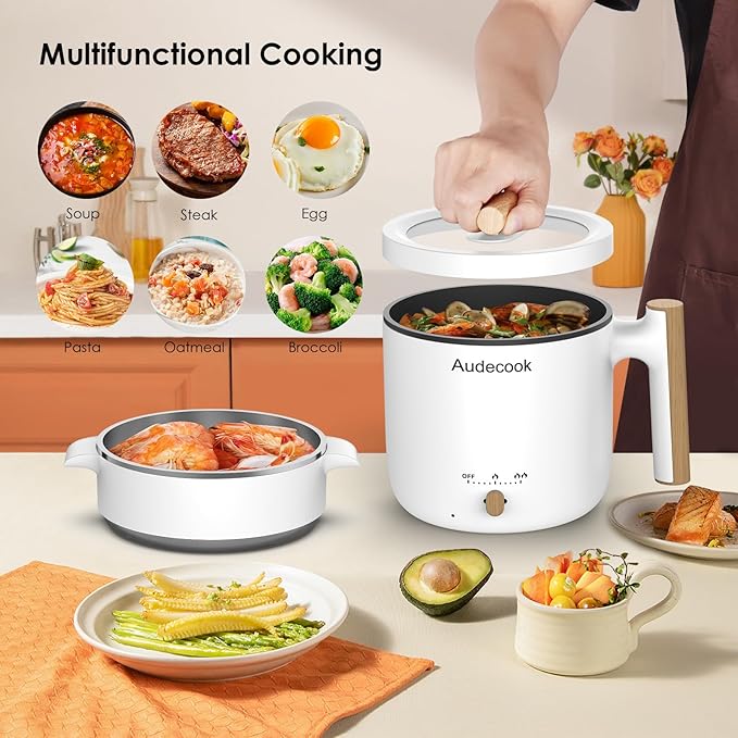 Audecook Hot Pot Electric with Steamer, 1.8L Portable Mini Travel Cooker