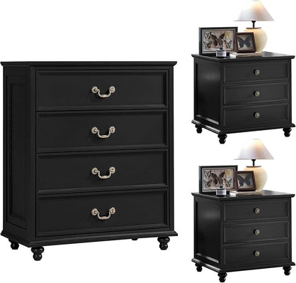 24" Wide Farmhouse Nightstand Set of 2, 54" 7 Drawers Dresser, 37" Tall Rustic Chests of Drawers w/ 4 Solid Wood Feet, Farmhouse Furniture Series for Living Room,Bedroom,Black