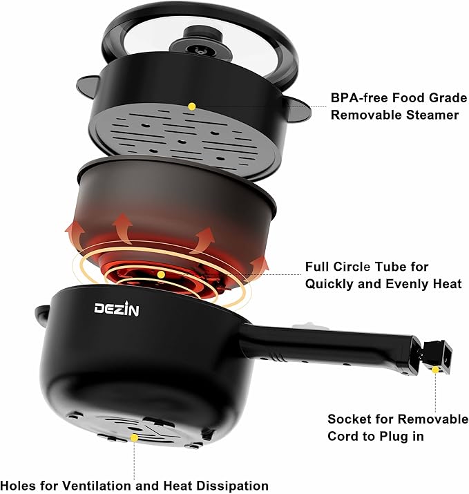 Dezin Electric Cooker, 2L Non-Stick Sauté Pan, Rapid Noodles Cooker, Mini Pot