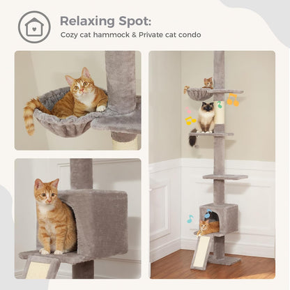 PEQULTI Floor to Ceiling Cat Tree, Tall Cat Tower, Adjustable Height (83''-108'') 5 Levels Climbing Tree for Indoor Cats with Cat Condo, Cozy Hammock and Scratching Post, Grey